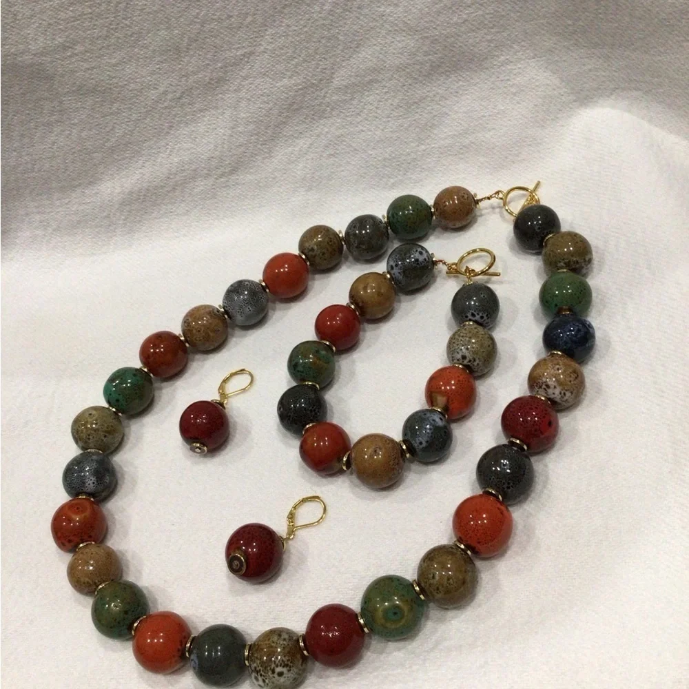 Tribal Earth Toned Colorful Beaded Necklace, Bracelet, and Earring Set